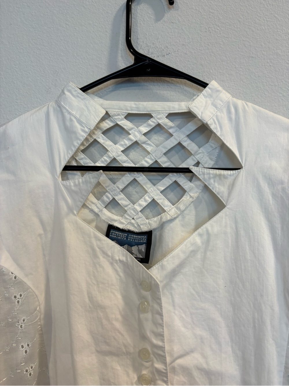 Vintage White Eyelet Western Blouse Lattice Back Cottagecore XL